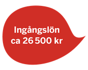 Bild på röd pratbubbla med texten: Ingångslön ca 26 500 kr.