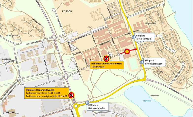 Bild på karta över indragna hållplatser och hänvisningar till alternativa hållplatser.