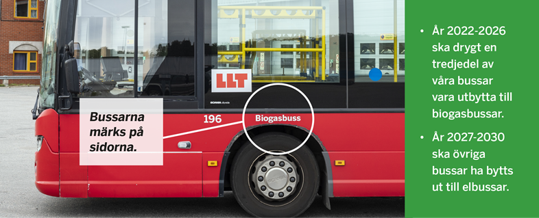 Bild på hur bussarna märks med drivmedelstyp på sidan av bussen.